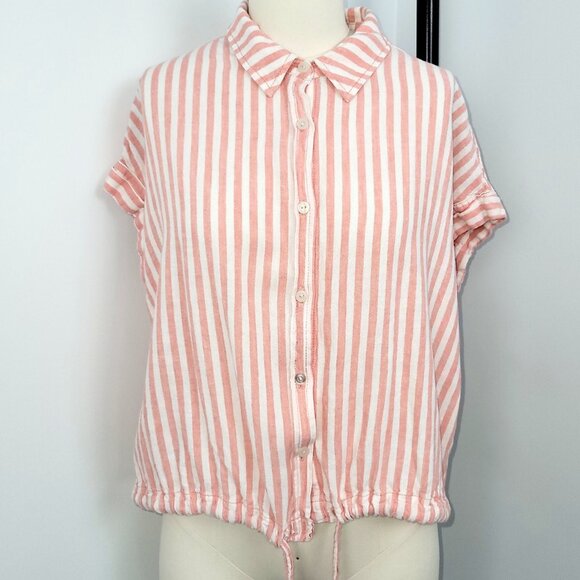 Sanctuary Linen Blend Pink and White Striped Tie Front Button Up - Picture 1 of 7